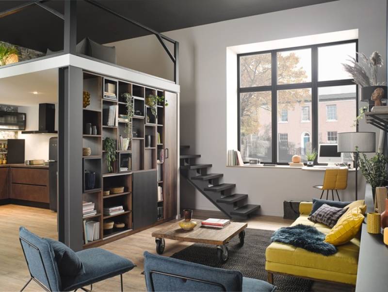 Aménagement bibliothèque double face style industriel - Chêne Moka -